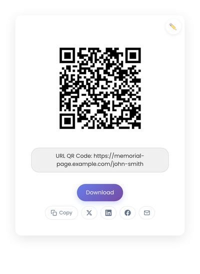 QR code generated by StackQR for a sample memorial page URL