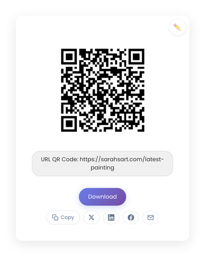 QR code generated by StackQR for a sample artist portfolio URL printed alongside a letter