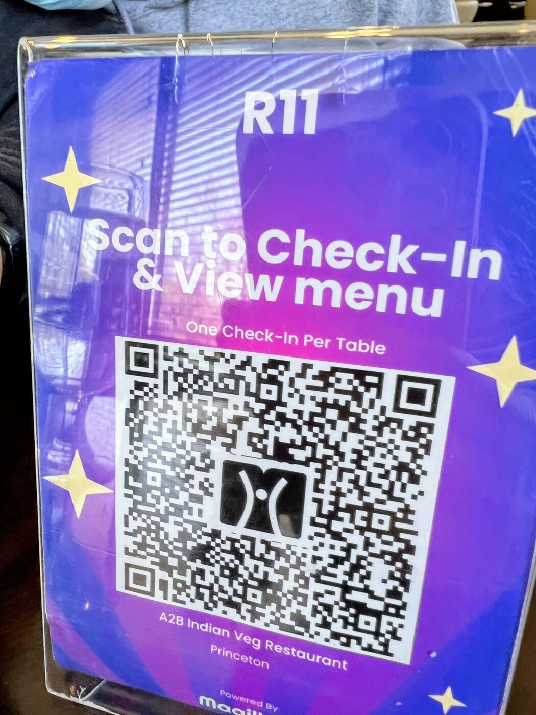 A2B Princeton table card with QR code reading 'Scan to Check-In & View menu, One Check-In Per Table, R11'