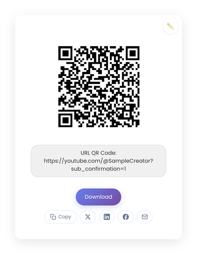 QR code generated by StackQR for a sample YouTube channel URL with subscribe prompt